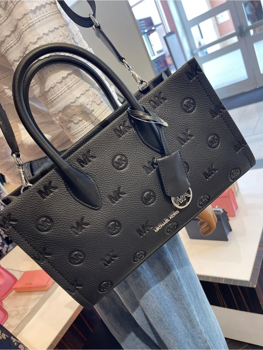 Michael Kors Mirella Md Logo Debossed EW Top Zip Satchel Shoulder Tote Black NWT